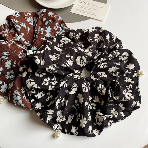 Korean Style Large Floral Scrunchie For Women Elegant Fabric Hair Tie With Pearl Decoration Retro Flower Print Hair Accessories