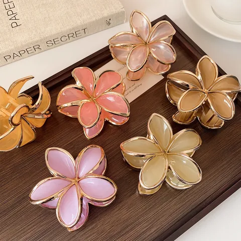 French Style Frangipani Flower Hair Claw Clip Sweet Contrast Color Gold Rim Resin Acrylic Hair Accessories For Women Daily