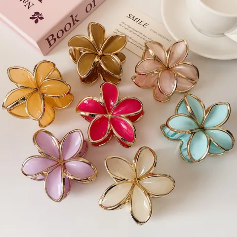 French Style Frangipani Flower Hair Claw Clip Sweet Contrast Color Gold Rim Resin Acrylic Hair Accessories For Women Daily