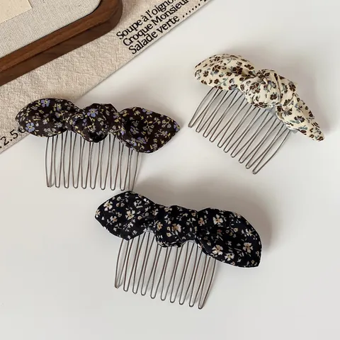 Korean Style Floral Fabric Bow Hair Comb For Women Vintage Handmade Butterfly Knot Metal Tooth Hair Insert Clip Headwear