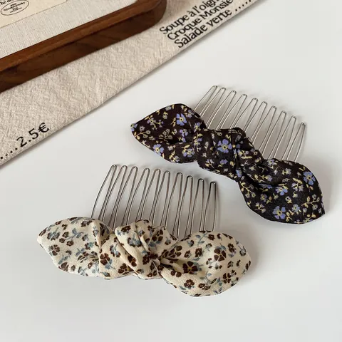 Korean Style Floral Fabric Bow Hair Comb For Women Vintage Handmade Butterfly Knot Metal Tooth Hair Insert Clip Headwear