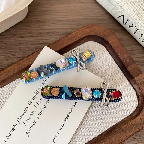 Vintage Denim Fabric Rhinestone Hair Clip With Silver Bowknot Elegant Colorful Crystal Side Fringe Clip For Women Hair Accessory