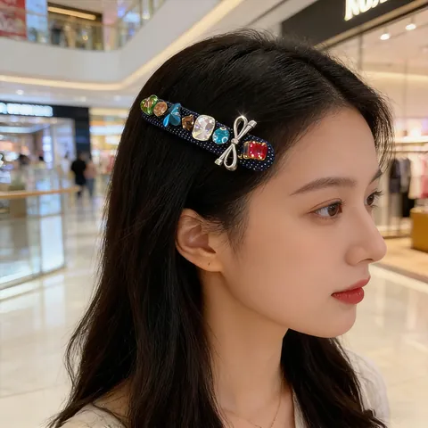 Vintage Denim Fabric Rhinestone Hair Clip With Silver Bowknot Elegant Colorful Crystal Side Fringe Clip For Women Hair Accessory