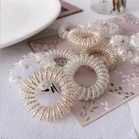 Korean Style Spiral Telephone Cord Hair Ties For Women Minimalist Elastic Hair Bands With Faux Artificial Pearl Metal Beads