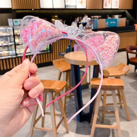 Cute Cat Ear Headband Transparent Quicksand Sequins Flower Crown For Kids Baby Girls Princess Hair Accessories Party Favors