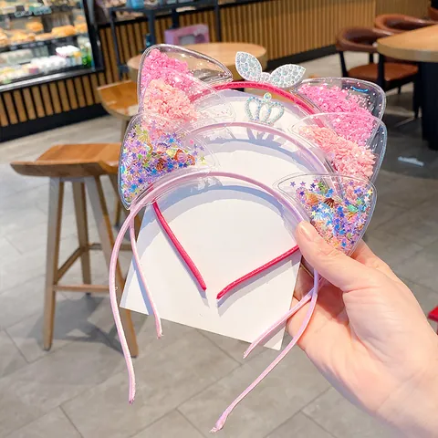 Cute Cat Ear Headband Transparent Quicksand Sequins Flower Crown For Kids Baby Girls Princess Hair Accessories Party Favors