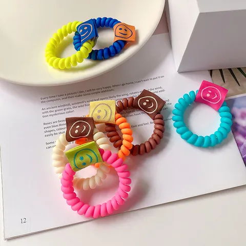 Colorful Spiral Telephone Line Hair Ties With Smiley Face Fabric Label Elastic No Crease Hair Rings For Women Girls