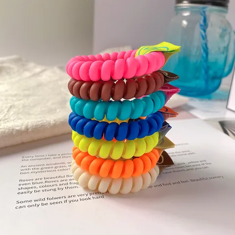 Colorful Spiral Telephone Line Hair Ties With Smiley Face Fabric Label Elastic No Crease Hair Rings For Women Girls