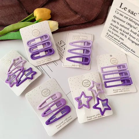 Matte Purple Gradient Hair Clips Set 3pcs Heart Star Waterdrop Geometric Frosted Metal Snap Clips For Women Girls Jewelry