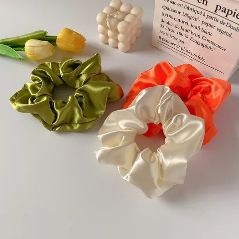 French Vintage Satin Hair Scrunchies Large Silk Like Ponytail Holder Hair Tie Elegant Pleated Hair Accessories For Women