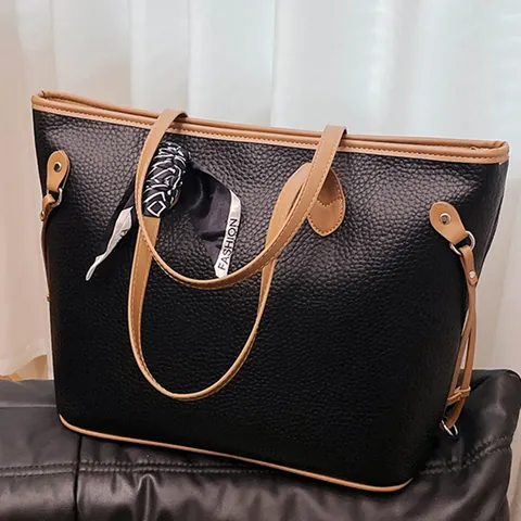 Women Large Capacity Litchi Texture PU Leather Tote Bag With Satin Scarf Urban Simple Shoulder Crossbody Bag Handbag