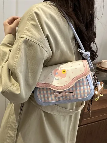 Women Japanese Sweet Cute PU Leather Small Square Crossbody Bag With Bear Charm Bow Dot Plaid Pattern Fashion Shoulder Bag