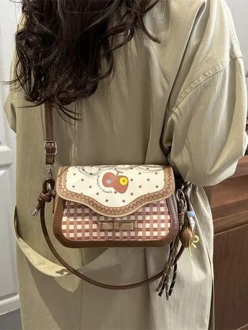 Women Japanese Sweet Cute PU Leather Small Square Crossbody Bag With Bear Charm Bow Dot Plaid Pattern Fashion Shoulder Bag