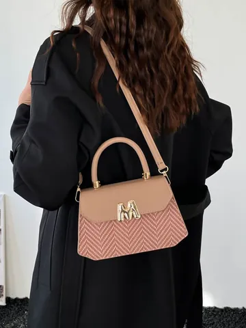 Retro Women PU Leather Woven Patchwork Crossbody Bag Metal M Buckle Chevron Pattern Top Handle Shoulder Bag Handbag