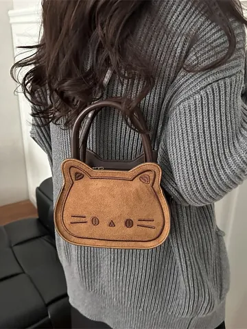 Women's Cute Cartoon Cat Shaped Crossbody Bag Faux Suede Embroidery Mini Handbag With Plush Charm Versatile Shoulder Bag