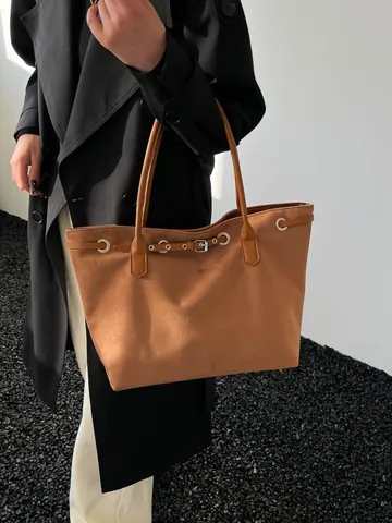 Damen Vintage Wildlederimitat Tragetasche Große Kapazität Pendler Umhängetasche Mit Metallösen Gürtelschnalle Dekor Casual Handtasche
