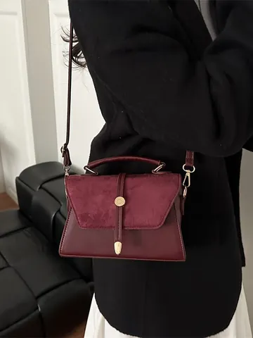 Retro Women Small Square Bag Suede Synthetic Leather Stitched Handbag Fashion Crossbody Shoulder Bag For Daily Commute