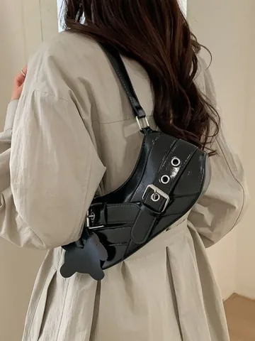 Borsa Sottobraccio in Pelle PU Retrò da Donna Arredamento con Fibbia Y2K Borsa a Tracolla Con Ciondolo a Orso Borsa Vintage