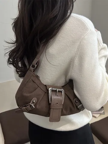 Vintage Women Suede Underarm Bag Pleated Hobo Shoulder Bag With Large Metal Buckle Retro Y2K Style Solid Color Tote Handbag