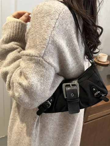 Vintage Women Suede Underarm Bag Pleated Hobo Shoulder Bag With Large Metal Buckle Retro Y2K Style Solid Color Tote Handbag