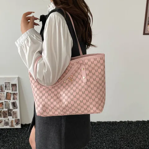 Bolso Tote de Moda con Monograma para Mujer Gran Capacidad Cuero Sintético con Decoración de Lazo Bolso de Hombro