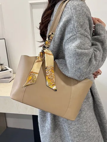 Damen Große Kapazität PU Leder Tragetasche Mit Dekorativem Satin Schal Kontrastnähte Minimalistische Schultertasche Zum Pendeln