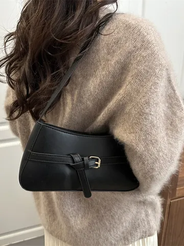 Sac sous le Bras en Cuir PU Minimaliste Style Français Pour Femme Sac à Épaule Vintage Avec Boucle de Ceinture Décontracté
