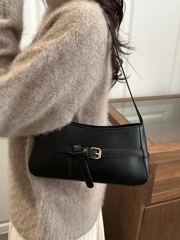 Sac sous le Bras en Cuir PU Minimaliste Style Français Pour Femme Sac à Épaule Vintage Avec Boucle de Ceinture Décontracté