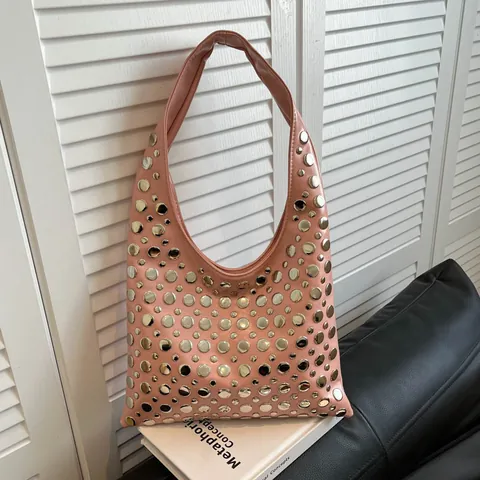 Hobo Bag PU Leather Silver Metal Studded Underarm Shoulder Bag Fashion Punk Rock Cool Streetwear Women Handbag Accessory