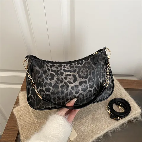 Bolso de Axila Retro Estampado de Leopardo Mujer Cuero PU Media Luna Bolso de Hombro Con Cadena de Oro Correa Ajustable