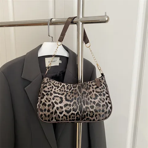 Bolso de Axila Retro Estampado de Leopardo Mujer Cuero PU Media Luna Bolso de Hombro Con Cadena de Oro Correa Ajustable