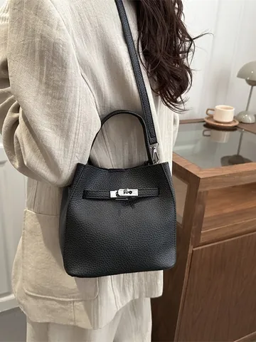 Bolso de Cubo de Cuero PU con Textura de Litchi para Mujer Bolso de Mano Vintage con Cierre de Metal Color Sólido Bandolera