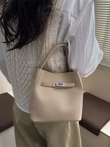 Bolso de Cubo de Cuero PU con Textura de Litchi para Mujer Bolso de Mano Vintage con Cierre de Metal Color Sólido Bandolera