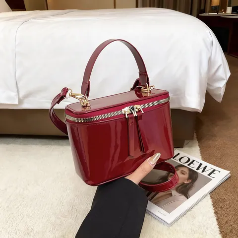 Women Glossy Patent Leather Box Bag Retro Vanity Case Handbag With Adjustable Shoulder Strap Metal Zipper Small Square Bag