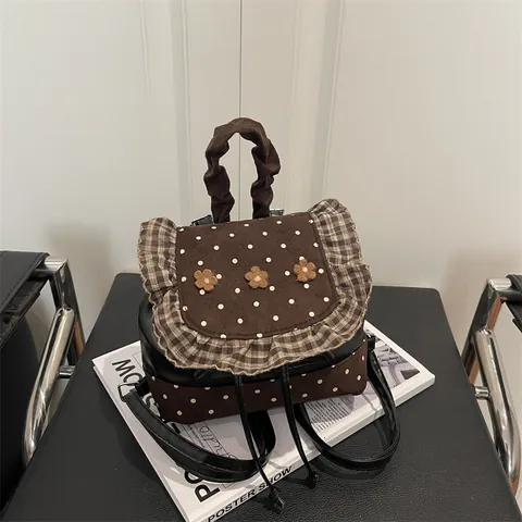 Damen Mini Rucksack Süßes Punktmuster Karo Rüschen Blumen PU Leder Kleine Handtasche Mode Koreanischer Stil Mädchen Reisetasche
