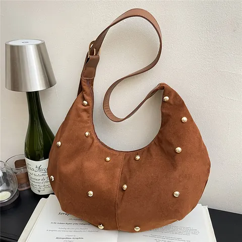 Bolso Hobo de Antelina Vintage para Mujer Gran Capacidad con Tachuelas Bolso de Hombro Elegante Color Sólido Bolso de Axila Bandoulière