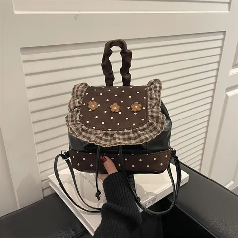 Damen Mini Rucksack Süßes Punktmuster Karo Rüschen Blumen PU Leder Kleine Handtasche Mode Koreanischer Stil Mädchen Reisetasche