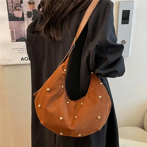 Bolso Hobo de Antelina Vintage para Mujer Gran Capacidad con Tachuelas Bolso de Hombro Elegante Color Sólido Bolso de Axila Bandoulière