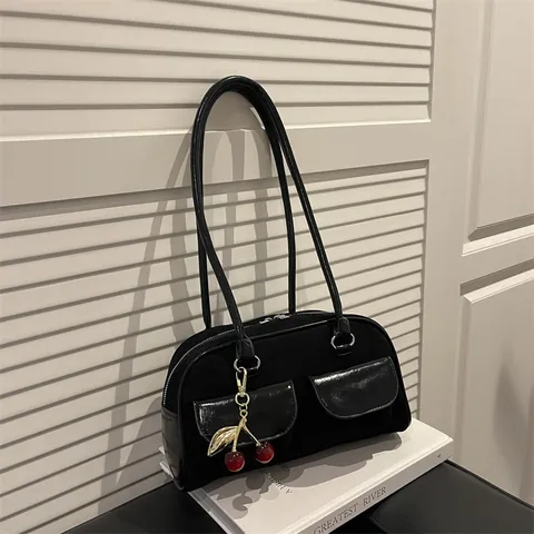 Bolso de Hombro de Axila de Gamuza Retro para Mujer Minimalista Patchwork Bolso Boston Con Colgante de Cereza para Diario