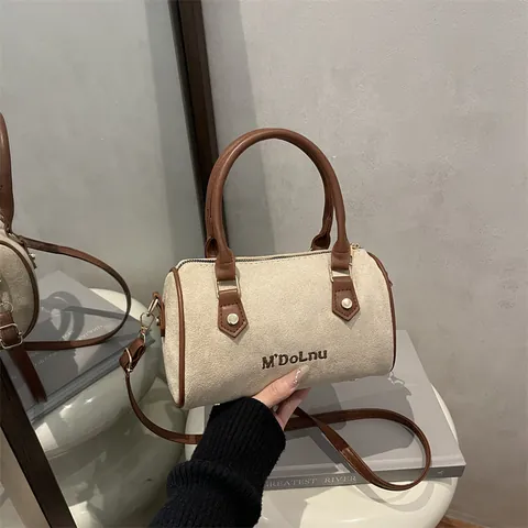 Vintage Suede Cylinder Shoulder Bag For Women Retro Boston Style Faux Suede Crossbody Bag Small Handbag Embroidery Purse