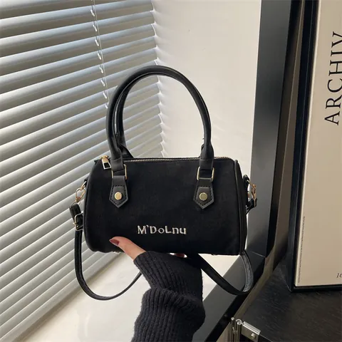 Vintage Suede Cylinder Shoulder Bag For Women Retro Boston Style Faux Suede Crossbody Bag Small Handbag Embroidery Purse