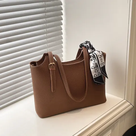 Women Minimalist PU Leather Tote Bag With Decorative Satin Scarf Lychee Grain Shoulder Bag For Commuting Office Daily