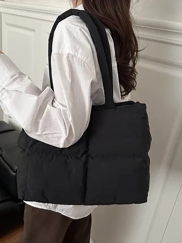 Borsa Tote Trapuntata da Donna Grande Capacità Borsa a Spalla Imbottita in Cotone Casual Leggera Borsa a Mano Tinta Unita per Scuola Viaggio Lavoro