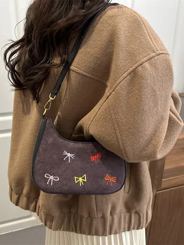 Borsa Hobo in Camoscio Vintage per Donna Stile Coreano Ricamo Fiocco Colorato Borsa Sottobraccio Spalla Piccola Mezzaluna
