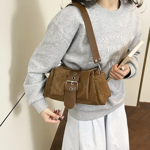 Bolso de Hombro Vintage para Mujer en Gamuza Sintética con Hebilla Grande Bolso Bandolera Casual Plisado Bolso Baguette