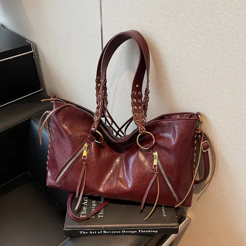 Vintage Large Capacity Women Tote Bag Glossy PU Leather Braided Handle Tassel Decorative Shoulder Crossbody Commuter Handbag