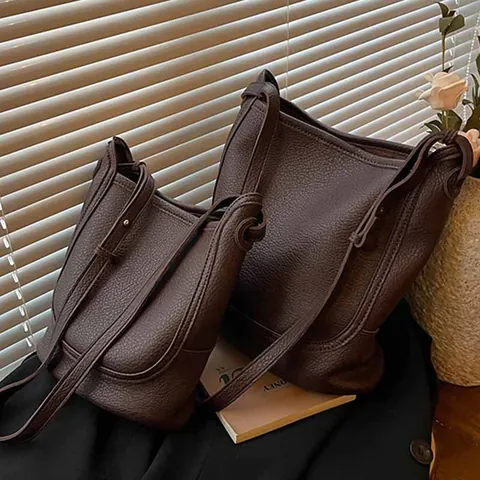 Sac Seau Vintage en Cuir PU Motif Litchi Femmes Grande Capacité Surpiqûres en U Sac Bandoulière Hobo Tote Bag