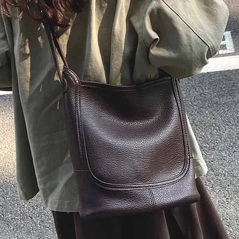 Sac Seau Vintage en Cuir PU Motif Litchi Femmes Grande Capacité Surpiqûres en U Sac Bandoulière Hobo Tote Bag