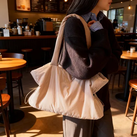 Women Quilted Puffer Tote Bag Large Capacity Lightweight Nylon Padded Shoulder Bag Casual Handbag With Side Drawstring