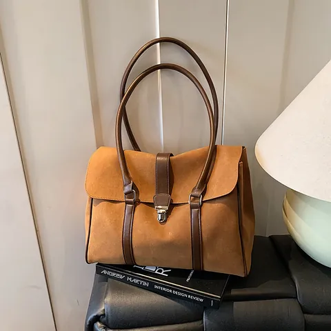 Large Capacity Women Tote Bag PU Leather Patchwork Shoulder Bag With Metal Lock Vintage Flap Shopper Handbag For Daily Work